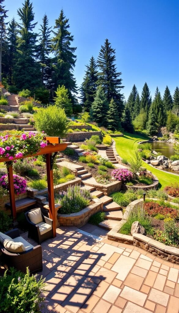 A sun-dappled sloped yard, tiered with lush terraces and stone retaining walls. In the foreground, a cozy outdoor living space with a stone patio, comfortable seating, and a rustic wooden pergola draped in flowering vines. Meandering paths lead through the middle ground, flanked by colorful perennial borders and a cascading rock garden. The background features towering evergreens and a glimpse of a tranquil pond, creating a serene and inviting natural retreat. Soft, warm lighting accentuates the earthy textures and verdant foliage, evoking a sense of peaceful relaxation.