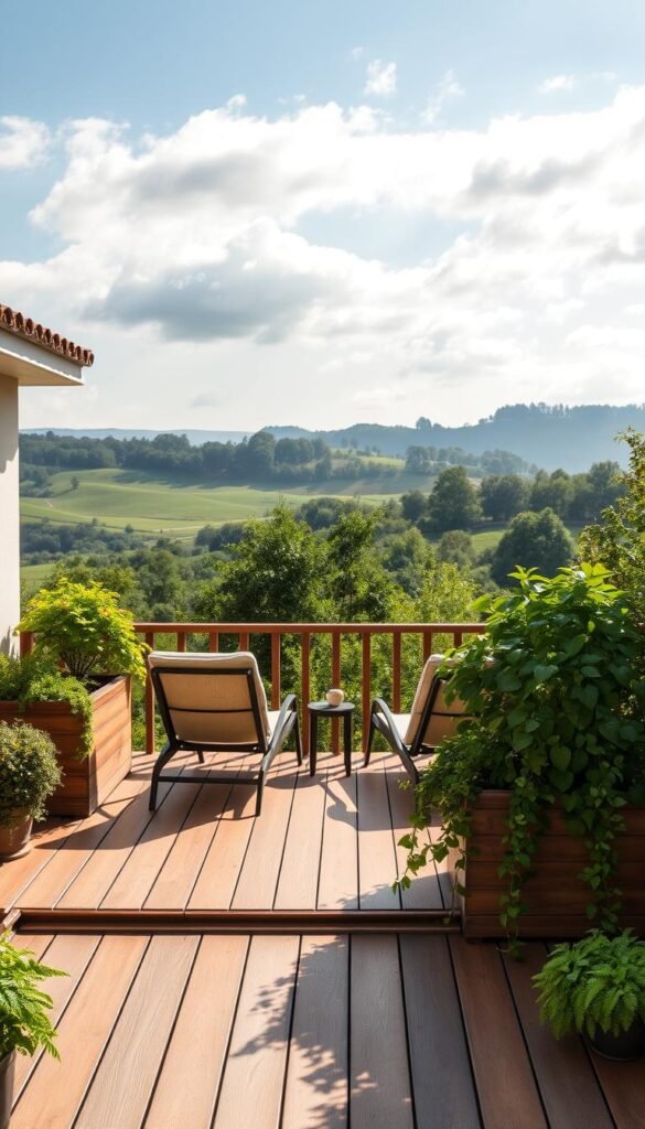 A sun-drenched garden patio with a beautifully crafted wooden deck. The deck features a mix of natural wood tones, creating a warm and inviting ambiance. Planter boxes line the edges, overflowing with lush, verdant foliage that cascades down the sides. A pair of cozy outdoor lounge chairs sit atop the deck, facing a serene landscape of rolling hills and a distant tree line. Soft, diffused natural lighting filters through wispy clouds, casting a gentle glow across the scene. The overall composition exudes a sense of relaxation and tranquility, perfectly capturing the essence of an inviting garden patio.