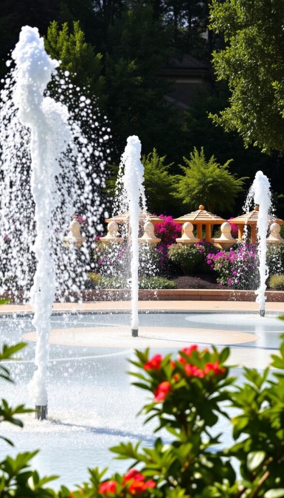 A sun-drenched splash pad surrounded by lush, verdant foliage. In the foreground, dynamic water jets playfully spray upwards, creating a mesmerizing, interactive display. The middle ground features a gently sloped paving design, inviting visitors to immerse themselves in the refreshing waters. In the background, a harmonious arrangement of flowering plants and shrubs frames the scene, evoking a sense of natural tranquility. Warm, diffused lighting casts a soft, inviting glow, capturing the playful and entertainment-focused atmosphere of this whimsical garden oasis.