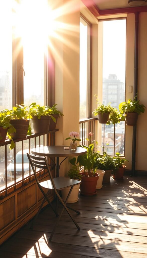 A sun-drenched urban balcony, its railing adorned with lush potted plants. Warm, golden light streams in through large windows, casting a soft glow on the weathered wooden floor. A small table and chairs sit in the foreground, inviting the viewer to linger and observe the play of light and shadow. The middle ground features carefully arranged flower pots, their blooms reaching towards the sun. In the background, the cityscape beyond the balcony's edge hints at the vibrant urban environment. The overall atmosphere is one of peaceful contemplation, highlighting the potential for nurturing nature even in the heart of the city.