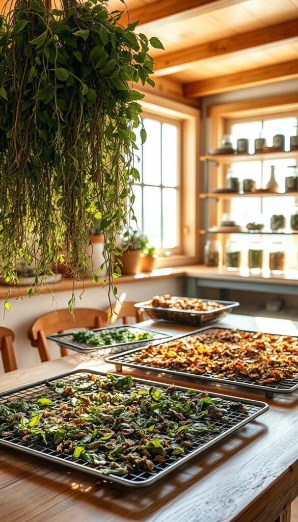 A sunlit, airy kitchen with a wooden table, showcasing various drying techniques for medicinal herbs. In the foreground, bunches of freshly harvested herbs hang from wooden racks, their vibrant green leaves gently swaying. In the middle ground, dried herbs are spread out on wire mesh trays, basking in the warm, natural light filtering through large windows. In the background, shelves display jars filled with neatly organized, carefully dried herbs, their rich colors and aromas suggesting their potent medicinal properties. The scene conveys a sense of tranquility and reverence for the natural world, inviting the viewer to appreciate the art of properly drying herbs for maximum potency.