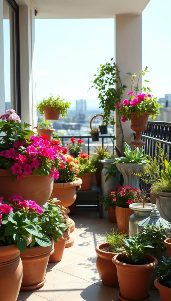 A sunlit balcony, filled with an array of stylish containers and planters. In the foreground, a mix of terracotta pots, wooden planters, and sleek metal urns overflow with vibrant blooms and lush greenery. The middle ground showcases a variety of plant sizes and shapes, creating a cascading, harmonious display. In the background, a wrought-iron railing frames the scene, allowing glimpses of the cityscape beyond. The lighting is soft and natural, casting warm shadows and highlighting the textural details of the containers and the plants they hold. This cozy, urban oasis evokes a sense of tranquility and the joyful integration of nature into the built environment.