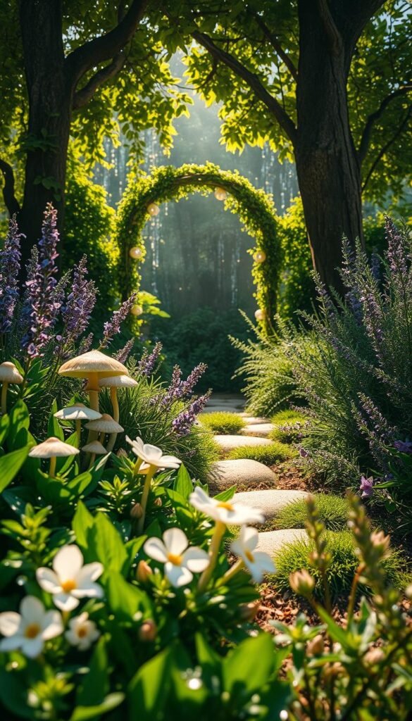 A sunlit fairy garden overflowing with enchantment. Lush, verdant foliage in the foreground, with delicate blooms in soft pastel hues. Whimsical mushrooms, glistening dewdrops, and a winding path leading deeper into the magical scene. In the middle ground, a dazzling array of herbs - lavender, rosemary, and thyme - their fragrance carried on a gentle breeze. In the background, a shimmering fairy portal, its edges adorned with cascading vines and twinkling fairy lights, inviting the viewer to step into this enchanted realm. Soft, warm lighting filters through the canopy, casting a dreamlike glow over the entire fairy garden. A sense of tranquility and wonder permeates the atmosphere, drawing the viewer into a world of pure, whimsical magic.