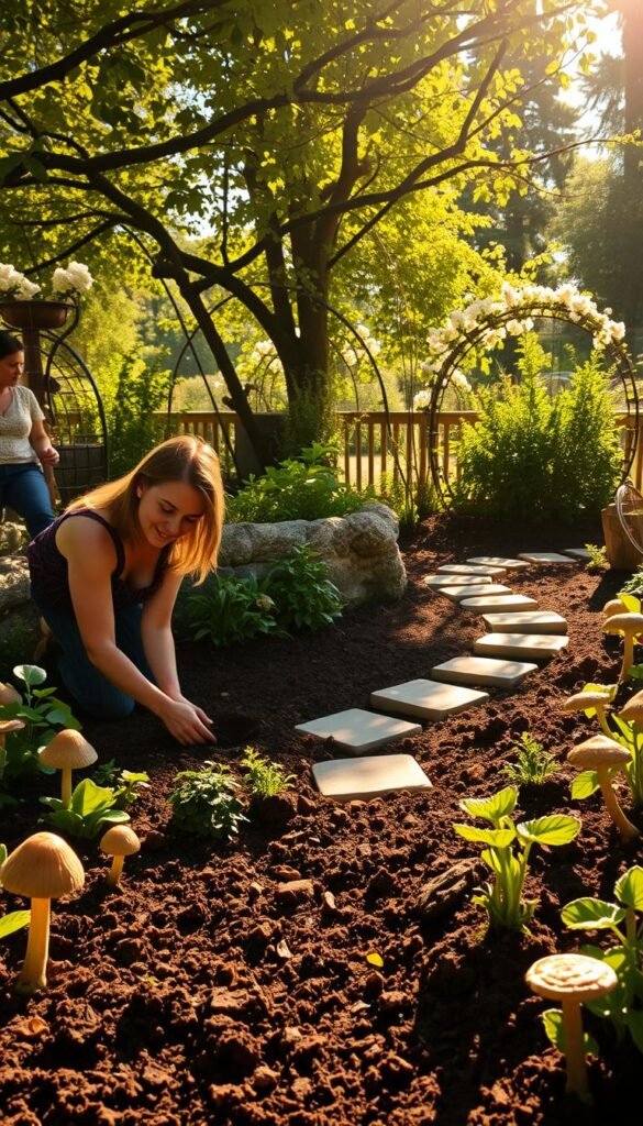 A sunlit fairy garden, the soil carefully tilled and enriched. In the foreground, a woman kneels, delicately working the earth with her hands, her expression one of reverence and tranquility. Lush, verdant plants and whimsical mushrooms dot the scene, creating an enchanting, otherworldly atmosphere. The middle ground features a winding stone path, leading the eye deeper into the garden. In the background, a delicate trellis supports blooming vines, casting dappled shadows across the scene. Warm, golden light filters through the canopy of trees, illuminating the entire tableau with a sense of magic and wonder.