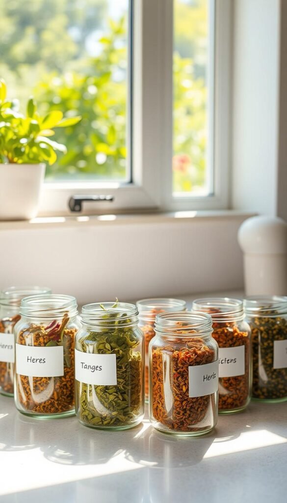 A sunlit kitchen counter showcases an arrangement of glass jars filled with an assortment of dried herbs. The jars have simple, clean labels, and their contents are neatly organized. The herbs are vibrant in color, suggesting they were carefully dried to preserve their potency. The lighting is soft and natural, casting a warm, inviting glow over the scene. In the background, a window overlooking a lush, verdant garden can be seen, further emphasizing the connection between the herbs and their natural origins. The overall composition is balanced, with the jars taking center stage, surrounded by a minimalist, well-organized workspace that evokes a sense of tranquility and attention to detail.