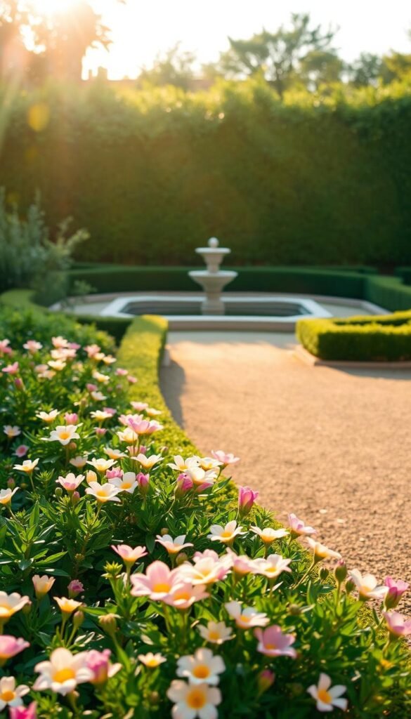 A sunlit, minimalist garden with neatly arranged flower beds, lush greenery, and a serene atmosphere. The foreground features vibrant, low-growing flowers in a variety of pastel hues, their petals gently swaying in a soft breeze. The middle ground showcases a simple, clean-lined path winding through the garden, bordered by neatly trimmed hedges. In the background, a tranquil water feature, such as a reflecting pool or a small fountain, adds a calming presence. The scene is bathed in warm, golden light, creating a sense of peaceful harmony. The overall composition emphasizes simplicity, balance, and the beauty of nature.