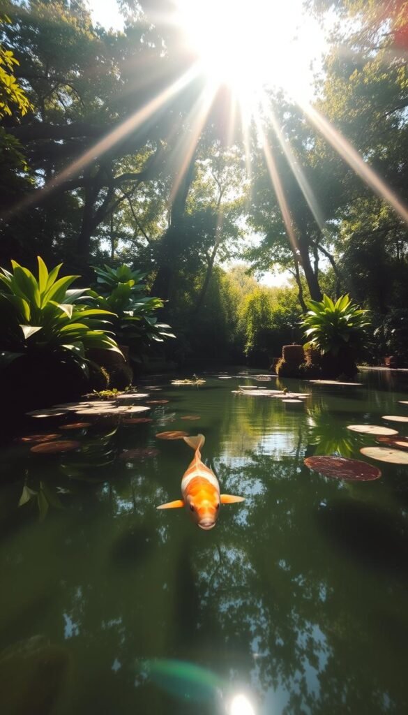 A sunlit water garden gently reflecting the lush, verdant foliage surrounding it. The scene is captured from a low, wide-angle perspective, creating a sense of depth and immersion. The water's surface is smooth and clear, revealing the intricate details of submerged plants and the occasional koi fish swimming gracefully. Warm, golden rays of sunlight filter through the canopy of trees, casting a soft, ambient glow over the entire landscape. The overall mood is one of tranquility and contemplation, inviting the viewer to pause and appreciate the harmonious balance of this natural oasis.