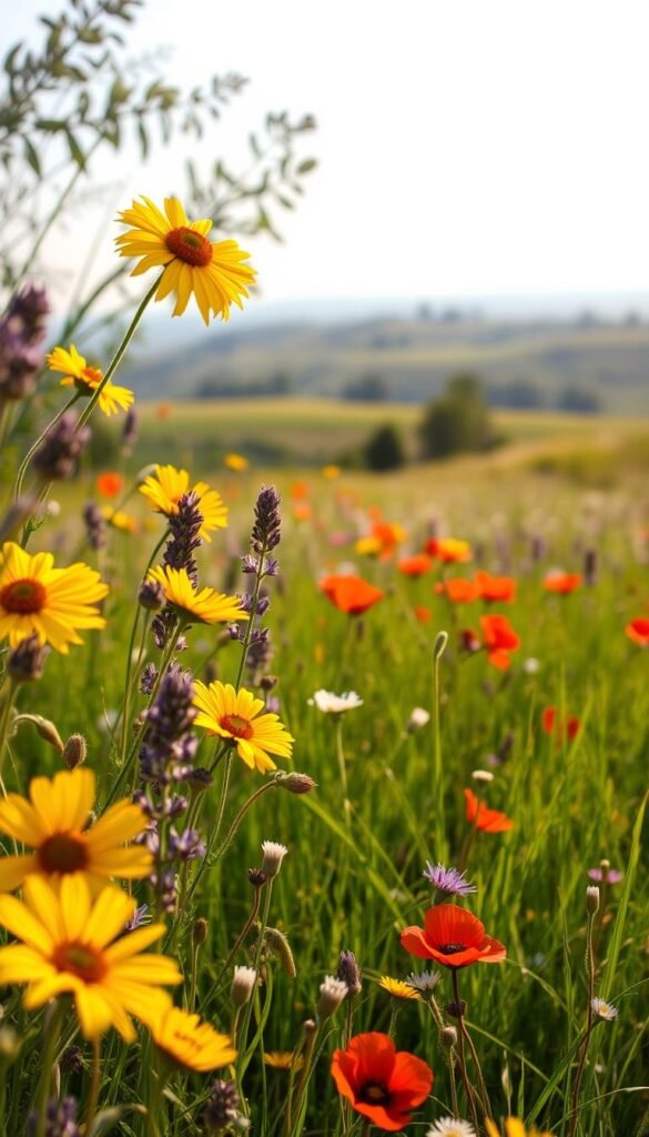 A sunlit wildflower meadow, where delicate petals sway in a gentle breeze. In the foreground, a profusion of blooms - vibrant yellow sunflowers, purple-hued lavender, and crimson poppies - basking in the warm, golden light. The middle ground reveals a lush carpet of verdant grasses, interspersed with wildflowers of varying hues. In the background, a softly blurred landscape, with rolling hills and a distant treeline, creates a sense of depth and tranquility. The overall scene is captured through a wide-angle lens, emphasizing the expansive, natural feel of the setting. Soft, diffused lighting illuminates the scene, evoking a serene, dreamlike atmosphere.