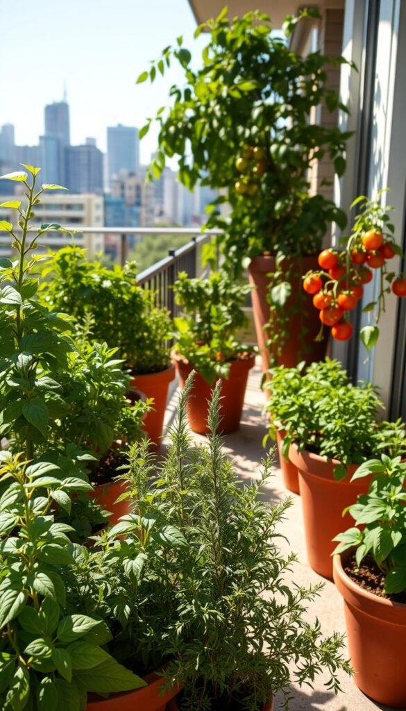 A sunny, inviting balcony with an abundance of lush, vibrant container plants. In the foreground, a variety of herbs - fragrant basil, verdant rosemary, and delicate thyme - flourish in a collection of terracotta pots. In the middle ground, larger planters hold cascading vines of cherry tomatoes and leafy greens, casting playful shadows. In the background, a verdant urban skyline sets the scene, the warm sunlight filtering through the foliage. The overall atmosphere is one of tranquility and a sense of connection to nature, despite the city setting. Captured with a wide-angle lens to showcase the depth and scale of the balcony oasis.