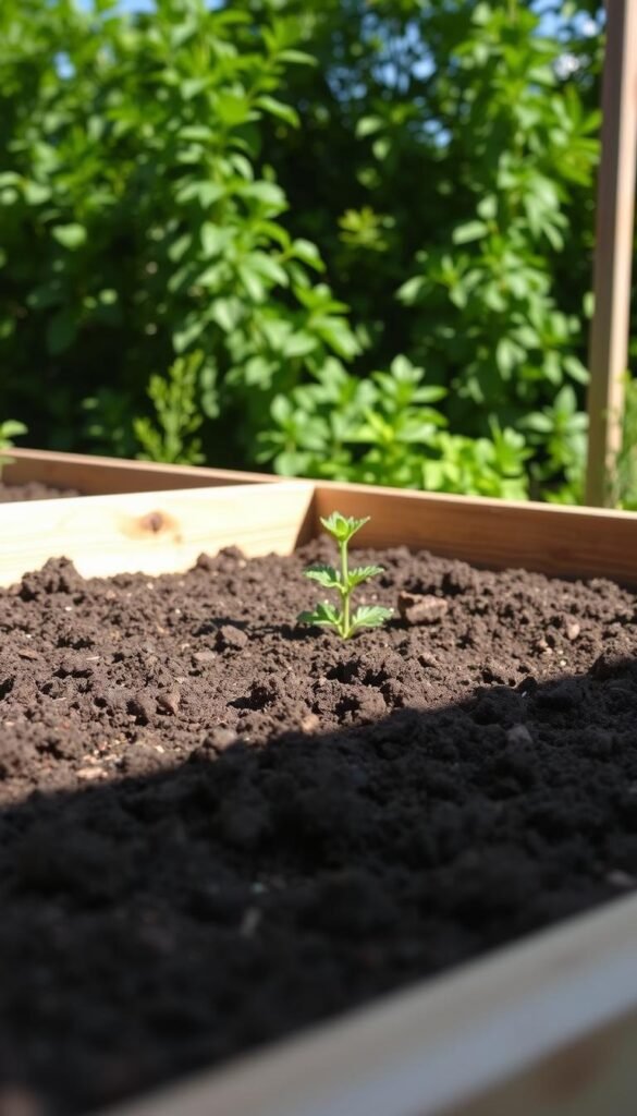 A sunny outdoor scene showcasing a raised garden bed with well-drained soil. The bed is slightly elevated, allowing for optimal water drainage and air circulation around the plant roots. The soil has a rich, dark color and a crumbly texture, indicating excellent drainage and fertility. The bed is surrounded by a wooden frame, blending seamlessly with the lush, green foliage in the background. Soft, diffused lighting illuminates the scene, creating a warm and inviting atmosphere. The camera angle is slightly elevated, providing a clear view of the raised bed's construction and the soil's quality.