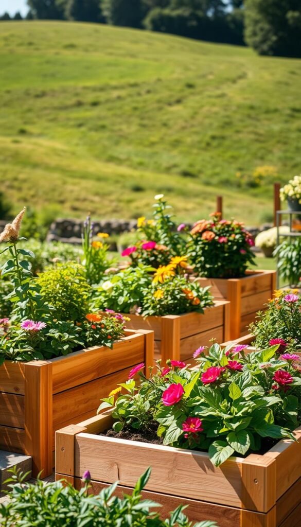 A sunny, well-lit raised flower garden featuring custom-height planters in varying sizes, arranged in a visually appealing layout. The foreground showcases a diverse selection of thriving plants, their foliage and blooms in vivid colors. The middle ground highlights the sturdy, elegantly designed wooden planters, each tailored to the specific needs of the plants they contain. The background features a lush, verdant landscape, perhaps with a gently sloping hill or a few trees, creating a serene and harmonious setting. The lighting is natural and warm, casting soft shadows that accentuate the textures and details of the scene. The overall composition conveys a sense of balance, practicality, and the joy of gardening.