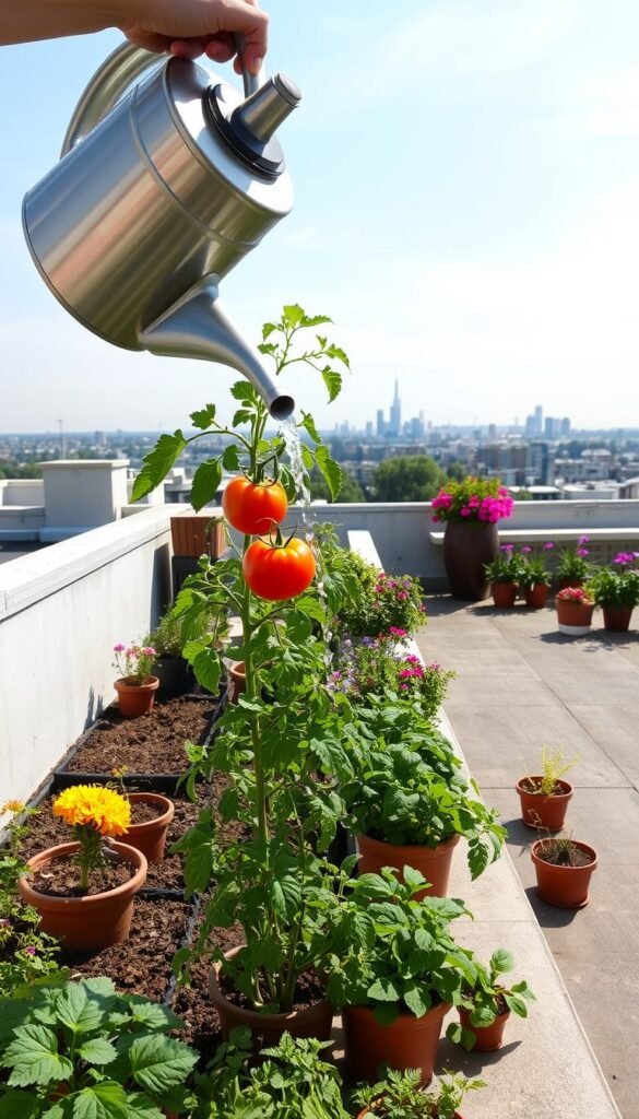 A sunny, well-lit urban rooftop garden, with a variety of thriving container plants. In the foreground, a person carefully waters a lush tomato plant using a long-spouted watering can, the water gently cascading over the soil. In the middle ground, an assortment of colorful flowers, herbs, and leafy greens in terracotta pots and window boxes line the edges of the rooftop. The background features a panoramic view of the city skyline, with buildings and greenery in the distance. The scene conveys a sense of peaceful, mindful gardening in an urban setting, with a focus on the delicate watering techniques essential for maintaining a successful container garden.
