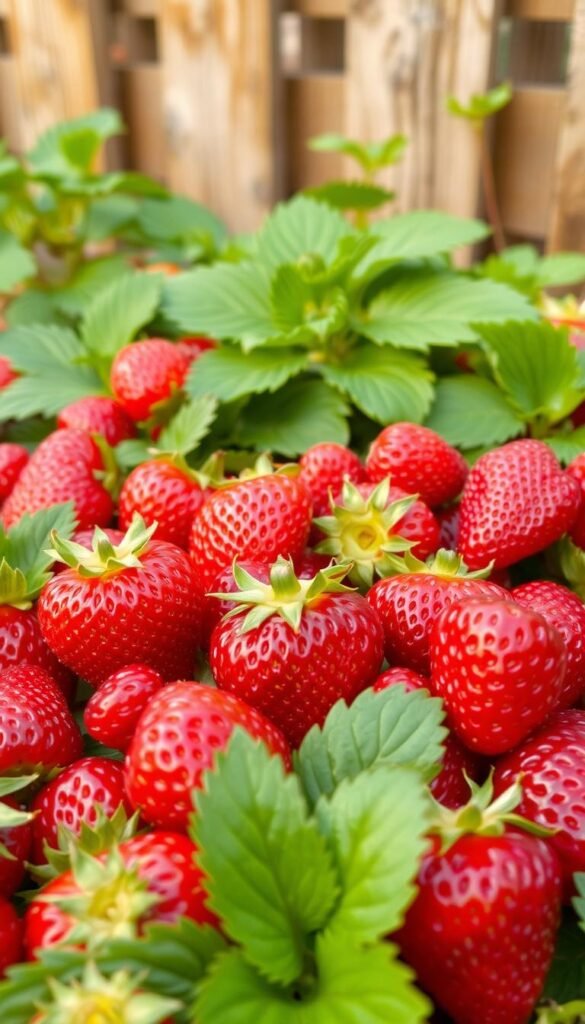 A thoughtful comparison of luscious strawberry varieties, captured in a natural, garden-inspired setting. In the foreground, an array of ruby-red berries in various shapes and sizes, their glistening surfaces reflecting the warm, soft lighting. In the middle ground, leafy green foliage provides a verdant backdrop, hinting at the nurturing soil that nourishes these sweet, fragrant fruits. The background features a hint of a rustic wooden fence, evoking a sense of homegrown, organic abundance. The overall composition emphasizes the visual diversity and allure of these beloved berries, inviting the viewer to imagine their place in a thriving, well-tended strawberry patch.