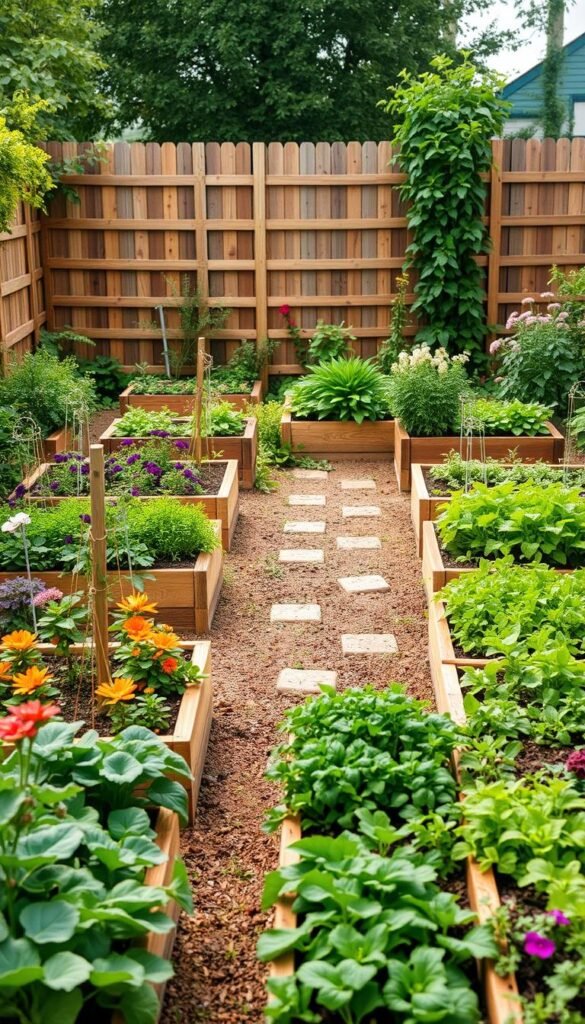 A thriving raised bed garden design, showcasing a lush and bountiful layout. The foreground features a collection of well-tended garden beds, filled with a vibrant array of vegetables, herbs, and flowers. The middle ground displays neatly arranged pathways, allowing for easy navigation through the garden. In the background, a wooden fence or trellis provides a natural and rustic backdrop, complemented by the soft, diffused lighting that creates a warm and inviting atmosphere. The overall composition conveys a sense of abundance, order, and harmony, reflecting the creation of a thriving, low-maintenance raised bed environment.