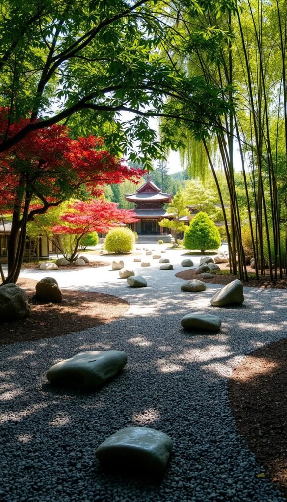 A tranquil Zen garden unfolds, with meticulously raked gravel pathways winding through a serene landscape. Carefully placed stones, smooth and weathered, stand as focal points, complemented by the graceful curves of ornamental Japanese maples and the gentle sway of bamboo. Dappled sunlight filters through the canopy, casting a warm, meditative glow over the scene. In the distance, a traditional pagoda-style structure hints at the Eastern influence, inviting the viewer to step into a realm of harmony and contemplation. The composition is balanced, with a sense of depth and proportion that evokes the principles of Japanese garden design.