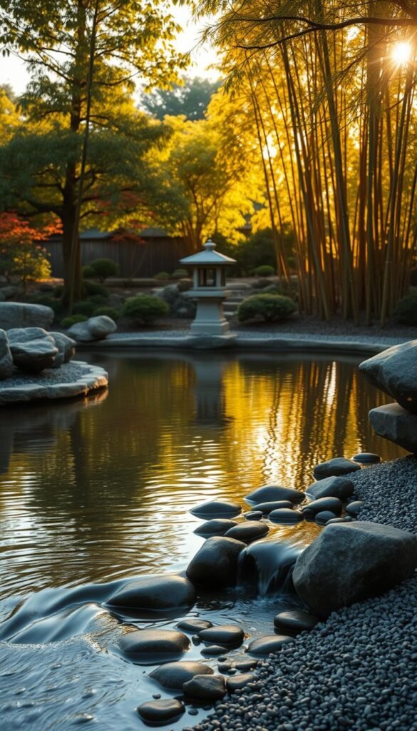 A tranquil Zen garden with a serene water feature. In the foreground, a gently flowing stream meanders through smooth stones and gravel, creating a soothing, meditative ambiance. In the middle ground, a minimalist stone pagoda or lantern casts soft, warm light, reflecting on the calm surface of the water. The background features a lush, verdant landscape of carefully pruned Japanese maple trees and bamboo, conveying a sense of harmony and connection with nature. The scene is bathed in the golden glow of a late afternoon sun, casting long shadows and creating a peaceful, contemplative atmosphere.