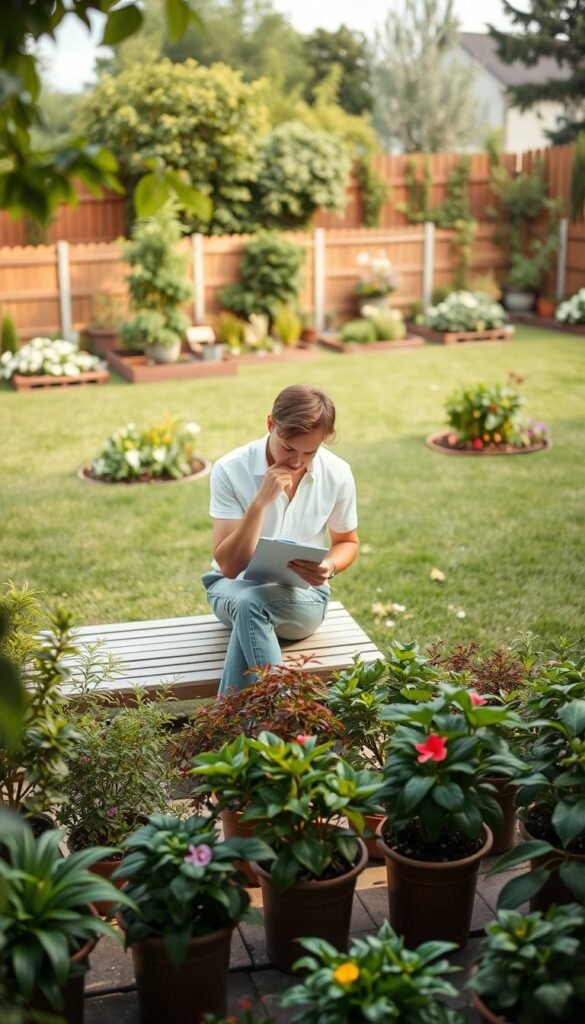 A tranquil backyard scene, with a person sitting on a wooden bench, surrounded by lush greenery and flourishing plants. The foreground features an assortment of potted plants, neatly arranged, hinting at the owner's careful consideration of the space. In the middle ground, the person examines a notepad, deep in thought, evaluating the layout and potential of the backyard. The background showcases a well-maintained lawn, punctuated by scattered flower beds and a subtle, warm-toned fence, creating a sense of balance and harmony. Soft, natural lighting filters through the scene, casting a serene ambiance and highlighting the person's contemplative expression.
