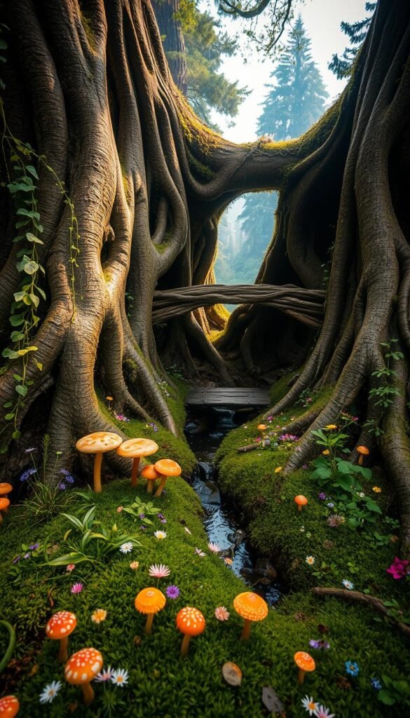 A tranquil fairy garden nestled amidst the natural beauty of a gnarled tree root system. In the foreground, vibrant toadstools, delicate wildflowers, and a smattering of whimsical mushrooms dot the mossy ground. Cascading vines and ferns envelop the twisted roots, creating a lush, enchanting atmosphere. Soft, diffused lighting filters through the canopy above, casting a warm, ethereal glow over the scene. The middle ground features a quaint, weathered wooden bridge arching gracefully over a burbling stream, inviting one to wander deeper into this magical oasis. In the background, towering trees and a hazy blue sky complete the serene, naturalistic landscape, evoking a sense of harmony between the fantastical and the real.