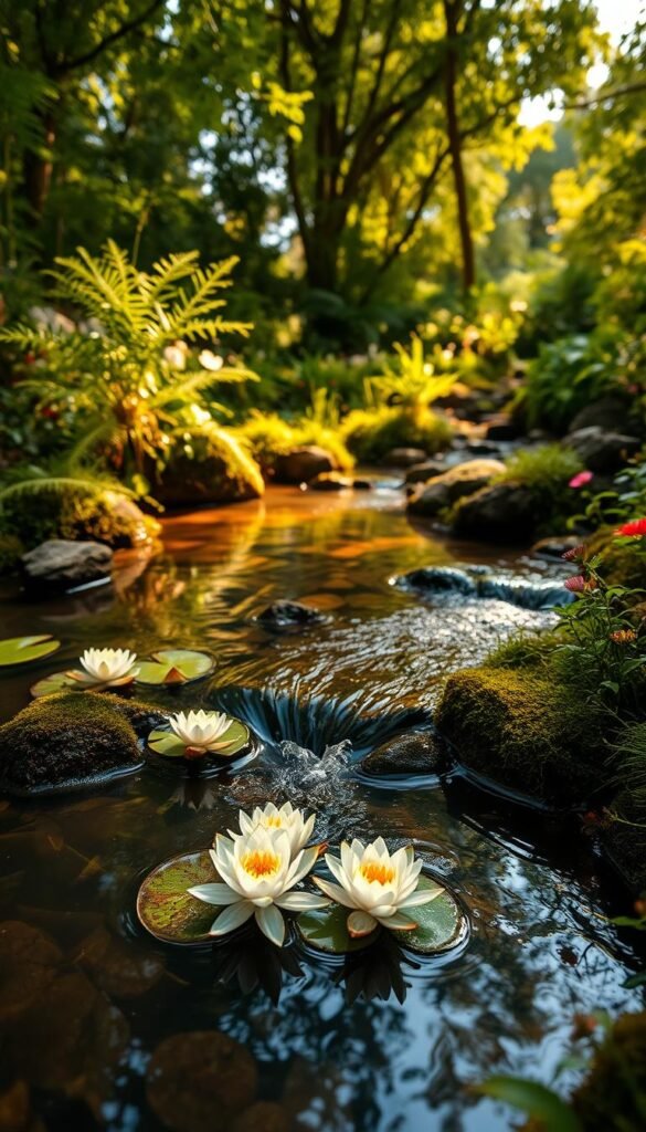 A tranquil fairy garden pond and babbling stream, nestled amidst lush, verdant foliage. In the foreground, delicate water lilies float atop the still surface, their petals reflecting the warm, golden sunlight filtering through the canopy above. Mossy stones line the gently flowing stream, leading the eye deeper into the scene. Delicate ferns and vibrant wildflowers accent the banks, creating an enchanting, magical atmosphere. Soft, diffused lighting casts gentle shadows, evoking a sense of calm wonder. Captured with a wide-angle lens to showcase the depth and scale of this serene, captivating fairy realm.
