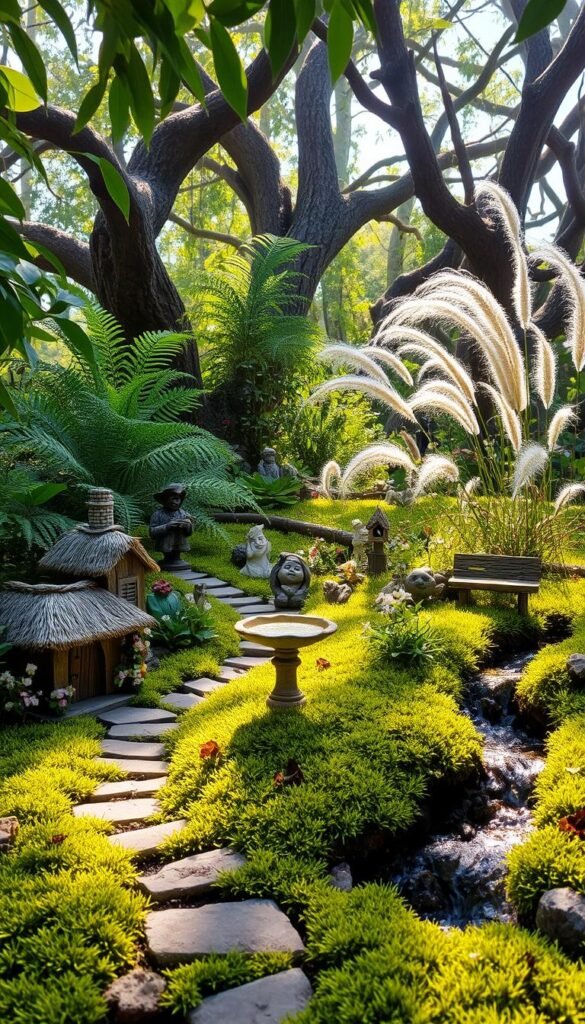 A tranquil fairy garden scene, dappled with soft, warm sunlight filtering through lush foliage. In the foreground, a miniature stone pathway winds through a carpet of vibrant moss and delicate wildflowers. Whimsical garden accessories dot the landscape - a tiny thatched-roof cottage, a glistening birdbath, and a weathered wooden bench overlooking a sparkling stream. Intricate stone statues and birdhouses peek out from between the leaves, creating a sense of hidden enchantment. The middle ground features towering ferns and trailing vines, while the background is dominated by the gentle sway of ornamental grasses and the silhouettes of ancient, twisted trees. An atmosphere of peaceful serenity and natural harmony pervades the scene.