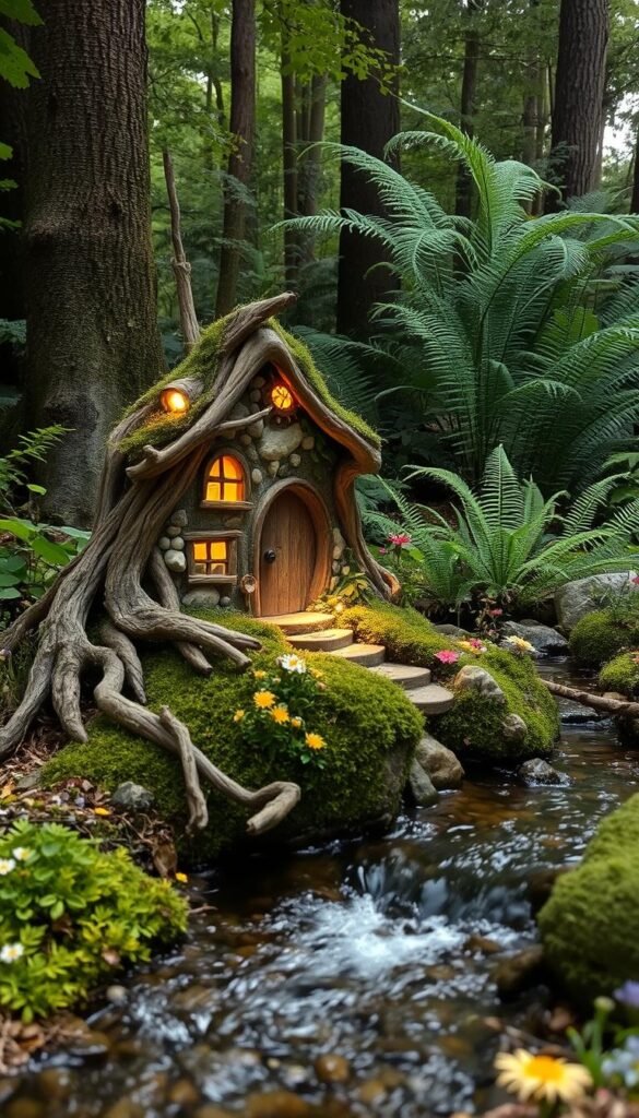 A tranquil fairy house nestled in a lush forest, crafted with weathered driftwood and moss-covered stones. The delicate structure is illuminated by soft, warm lighting, casting a magical glow across the scene. Gnarled tree roots wind around the base, adding to the rustic, natural aesthetic. In the foreground, a small stream gently flows, its gentle ripples reflecting the dancing shadows of the surrounding foliage. The middle ground is adorned with clusters of vibrant wildflowers, their petals swaying in the gentle breeze. Towering trees and verdant ferns fill the background, creating a serene and enchanting atmosphere, perfect for a rustic fairy garden.