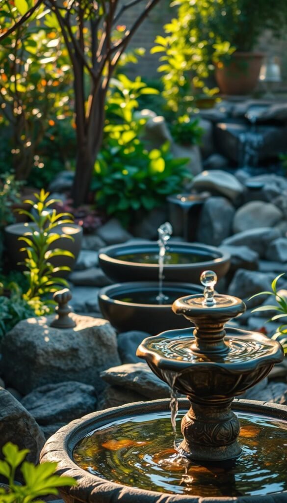 A tranquil garden oasis, bathed in soft, warm lighting that casts gentle shadows across a serene arrangement of small water features. In the foreground, a bubbling stone fountain, its gentle gurgling adding to the calming ambiance. Nearby, a delicate tabletop fountain, its cascading water creating a mesmerizing display. In the middle ground, a modest, self-contained pond, its surface reflecting the lush, verdant foliage surrounding it. In the background, a subtle waterfall, its soothing flow creating a sense of peaceful retreat. The overall scene exudes a calming, low-maintenance charm, inviting the viewer to slow down and immerse themselves in the serene, rejuvenating atmosphere.