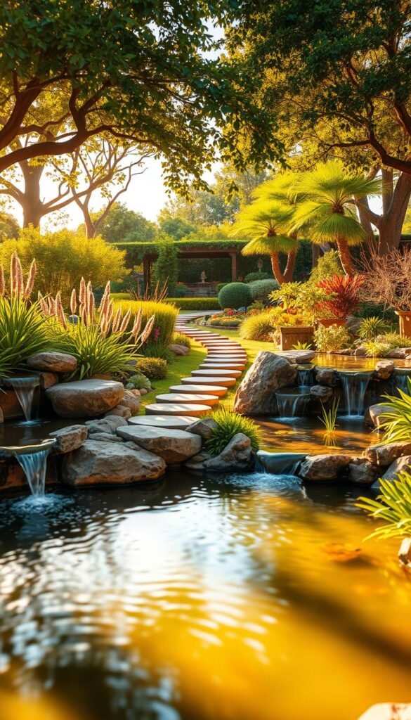 A tranquil garden oasis with a beautifully integrated water feature, bathed in warm, golden sunlight. In the foreground, a serene pond reflects the surrounding greenery, with gently cascading waterfalls spilling into it. Strategically placed rocks and lush aquatic plants create a natural, harmonious aesthetic. The middle ground showcases a well-designed pathway, leading visitors through the calming space, inviting them to pause and appreciate the soothing sounds of the water. In the background, a verdant canopy of trees and shrubs frames the scene, adding to the sense of a peaceful, secluded retreat. The overall atmosphere is one of serenity and relaxation, perfectly capturing the essence of a "Garden Oasis Backyard: Incorporating Water Features for a Calming Atmosphere".