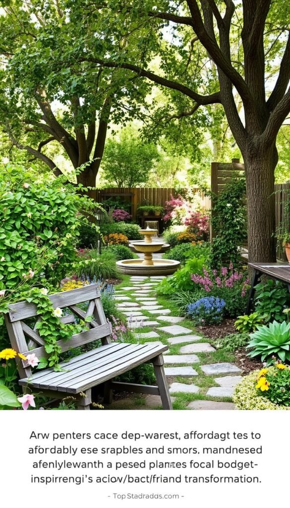 A tranquil garden oasis, with lush foliage and vibrant blooms in a natural, rustic layout. In the foreground, a weathered wooden bench nestled among cascading vines and wildflowers. The middle ground features a meandering stone path, guiding the eye towards a charming water feature - a simple bubbling fountain. Towering trees provide dappled sunlight, creating a warm, inviting ambiance. Carefully curated, low-maintenance plants line the borders, complementing the overall affordable and effortless aesthetic. The scene conveys a sense of peaceful serenity, inspiring budget-friendly backyard transformation.