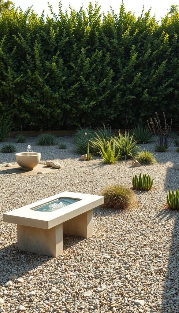 A tranquil gravel garden with a serene water feature and inviting seating area. In the foreground, a modern, minimalist stone bench is situated adjacent to a gently flowing fountain, the sound of water creating a calming ambiance. The middle ground is filled with a carefully curated mix of drought-tolerant plants, their foliage and textures complementing the gravel underfoot. In the background, a lush, verdant border frames the scene, providing a sense of privacy and enclosure. The lighting is soft and natural, casting a warm glow and creating long, dramatic shadows. The overall mood is one of relaxation and rejuvenation, inviting the viewer to pause and immerse themselves in the serene, low-maintenance landscape.