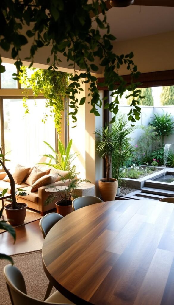 A tranquil indoor-outdoor living space, bathed in warm natural light filtering through large windows. In the foreground, a cozy seating area with plush furniture and soft, earthy textiles blends seamlessly with the lush greenery and potted plants spilling in from the adjacent patio. The middle ground showcases a polished wood dining table, surrounded by modern, minimalist chairs, creating a harmonious dining experience that flows between the indoor and outdoor realms. In the background, the patio extends, showcasing a small garden oasis with delicate flowering plants and a soothing water feature, blurring the boundaries between the two environments. The overall atmosphere exudes a sense of balance, comfort, and a strong connection to nature.