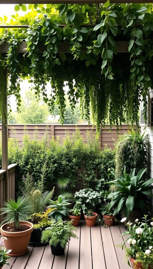 A tranquil, layered privacy deck with lush, verdant foliage cascading from overhead trellises. The foreground features a cozy seating area surrounded by potted plants and trailing vines, creating a serene, intimate atmosphere. The middle ground showcases a mix of tall, leafy shrubs and delicate flowering plants, adding depth and visual interest. In the background, a slatted wooden fence is partially obscured by a dense, natural screen of diverse greenery, providing a sense of seclusion and connection to the surrounding landscape. Soft, diffused natural lighting filters through the layered vegetation, casting gentle shadows and highlights across the scene. The overall composition evokes a calming, nature-inspired retreat, perfect for enjoying quiet moments and escaping the outside world.
