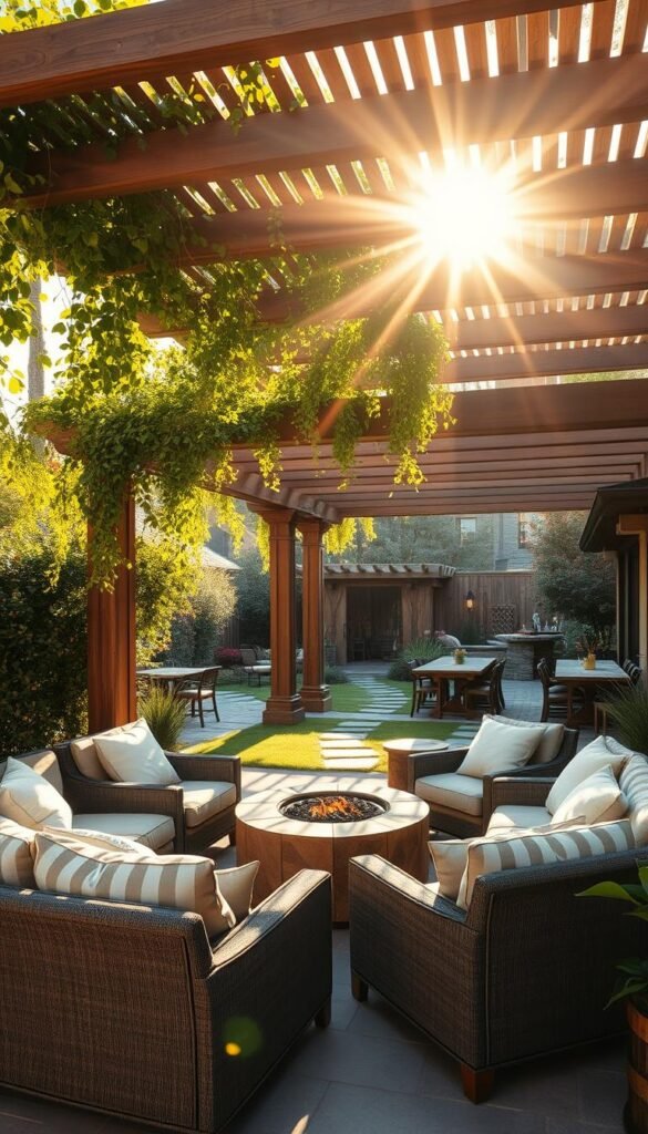 A tranquil, multi-functional outdoor living space bathed in warm, golden sunlight. In the foreground, a cozy lounge area with plush, weathered-look sofas and chairs arranged around a fire pit, inviting relaxation. The middle ground features a sturdy, slatted wooden pergola, providing ample shade and a sense of structure. Lush, verdant foliage cascades from the pergola, blending seamlessly with the surrounding garden. In the background, a stone pathway leads to a dining area with a rustic, farmhouse-style table and chairs, perfect for alfresco meals. The entire scene exudes a serene, nature-inspired ambiance, blending functionality and aesthetics for an inviting, harmonious outdoor retreat.