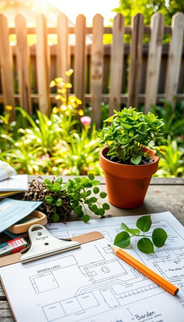 A tranquil outdoor scene showcasing a thoughtful budget garden planning process. In the foreground, a wooden clipboard and pencil lay atop a neatly organized array of gardening tools, seed packets, and a lush plant in a terracotta pot. The middle ground features a hand-drawn garden layout plan on graph paper, with carefully sketched flower beds, vegetable patches, and pathways. In the background, a sun-dappled wooden fence frames a verdant garden, hinting at the vibrant possibilities of this budget-friendly transformation. Soft, natural lighting casts a warm, inviting glow, capturing the essence of setting the foundation for a flourishing, cost-effective outdoor oasis.