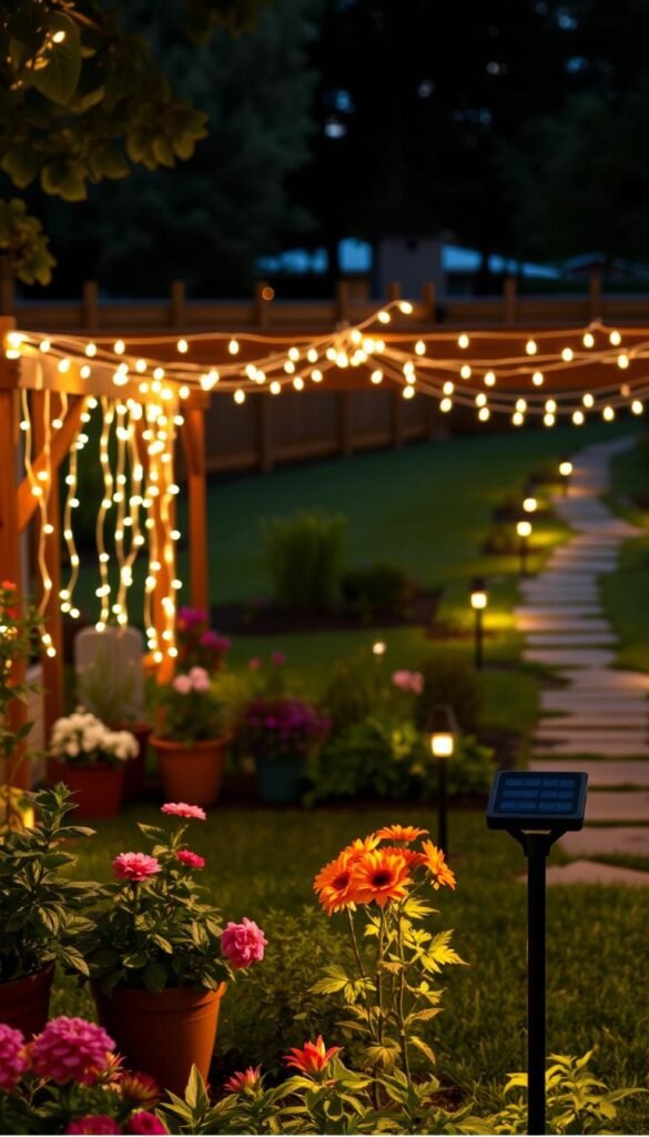 A tranquil outdoor scene, showcasing an array of creative solar and string light installations. In the foreground, a lush garden with various potted plants and flowers, their vibrant colors accentuated by warm, diffused lighting. In the middle ground, a wooden pergola draped with delicate string lights, casting a soft, ambient glow. Beyond, a gently sloping lawn leads to a stone pathway, lined with stylishly arranged solar-powered path lights, illuminating the way. The overall atmosphere is cozy, inviting, and perfect for a relaxing evening in the yard. The lighting creates a welcoming, magical ambiance, transforming the outdoor space into a serene, enchanting retreat.