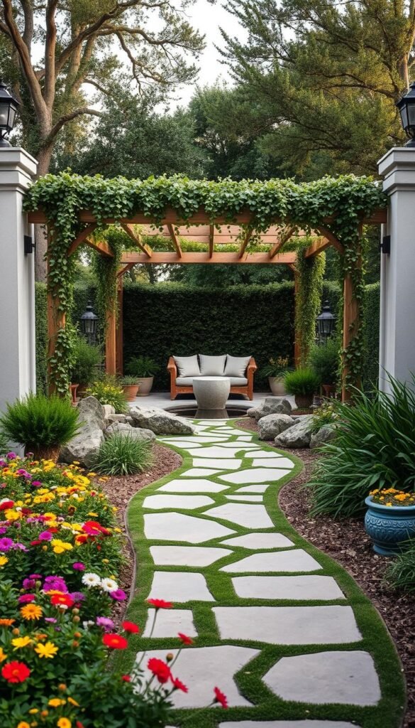 A tranquil outdoor space layout, featuring a lush, manicured garden with a meandering stone pathway leading to a cozy seating area under a canopy of mature trees. The foreground showcases a vibrant mix of perennial flowers and greenery, while the middle ground unveils a serene reflection pool surrounded by decorative boulders. In the background, a wooden pergola draped in cascading vines frames the scene, creating a harmonious blend of natural elements. Soft, diffused lighting casts a warm, inviting glow, evoking a sense of relaxation and contemplation. The overall composition captures a harmonious balance between form and function, inviting the viewer to envision their own dream backyard retreat.