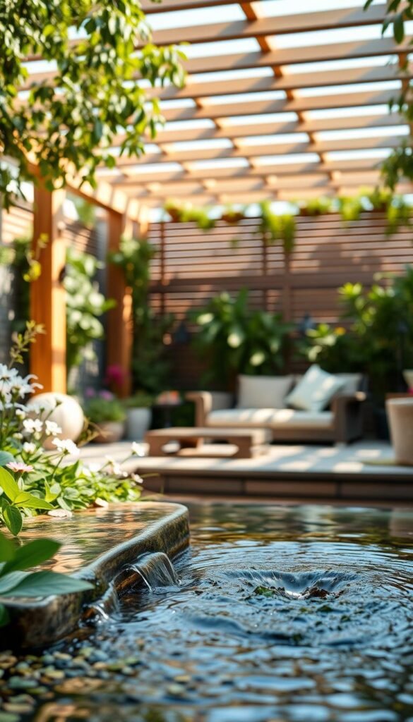 A tranquil patio garden design philosophy, capturing the essence of relaxing outdoor living. In the foreground, a serene water feature with gently cascading ripples, surrounded by lush greenery and fragrant flowers. The middle ground showcases a cozy seating area, with plush cushions and natural textures that invite one to unwind. In the background, a slatted wooden pergola casts delicate shadows, creating a warm, inviting ambiance. The scene is illuminated by soft, diffused natural light, emphasizing the harmony between the man-made and natural elements. An atmosphere of zen-like calmness and mindful contemplation pervades the entire composition.