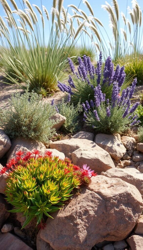 A tranquil rock garden scene showcasing a variety of drought-tolerant plants in warm, natural lighting. In the foreground, clusters of vibrant succulents and trailing sedum cascade over sun-baked rocks. The middle ground features sturdy, silvery-leafed artemisia and fragrant lavender. In the background, tall, swaying grasses sway gently, framing the serene composition. The overall mood is one of low-maintenance elegance, with a focus on native, resilient species that thrive in arid conditions. Captured with a wide-angle lens to emphasize the depth and texture of the scene.