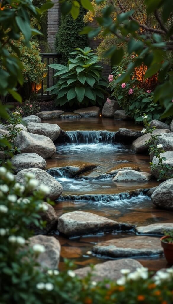 A tranquil water feature nestled in a harmonious garden landscape. Gently cascading water flows over smooth natural stones, creating a soothing ambiance. Lush, verdant foliage frames the scene, with delicate flowering plants adding pops of color. Warm, soft lighting illuminates the scene, casting a peaceful, inviting glow. The composition is balanced, with the water feature as the central focal point, surrounded by thoughtfully arranged elements that work in harmony to create a serene, contemplative atmosphere. The overall impression is one of natural beauty, tranquility, and a perfect integration of water and landscape design.
