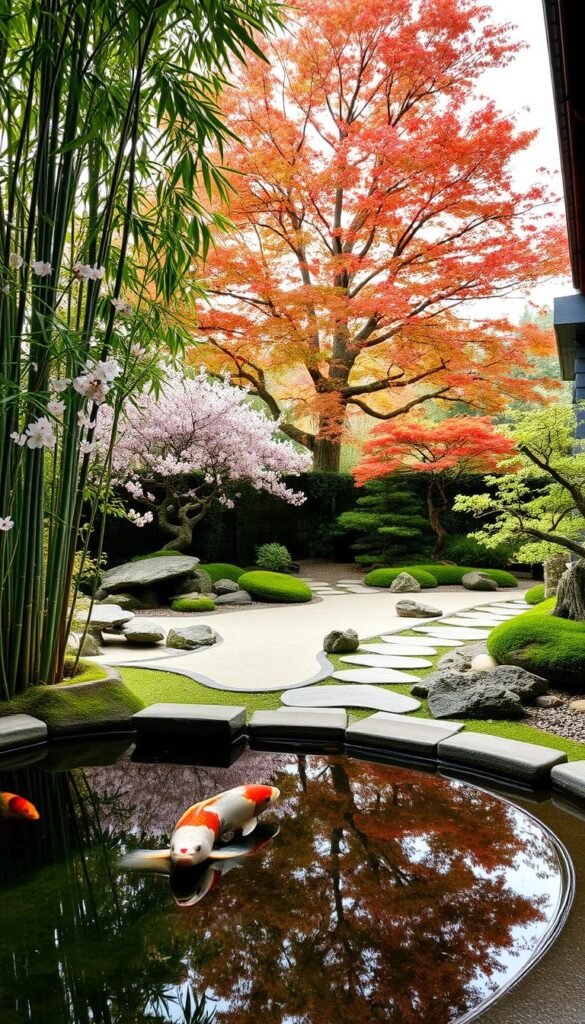 A tranquil zen garden oasis, nestled in a lush backyard retreat. In the foreground, a serene koi pond reflects the gentle swaying of surrounding bamboo and delicate cherry blossoms. In the middle ground, a smooth stone path winds through a carefully curated arrangement of moss-covered rocks, Zen sand patterns, and strategically placed bonsai trees. The background features a towering Japanese maple, its vibrant foliage casting a warm, dappled light across the scene. The overall atmosphere is one of profound calm and contemplation, inviting the viewer to step into a private sanctuary of relaxation and inner peace.