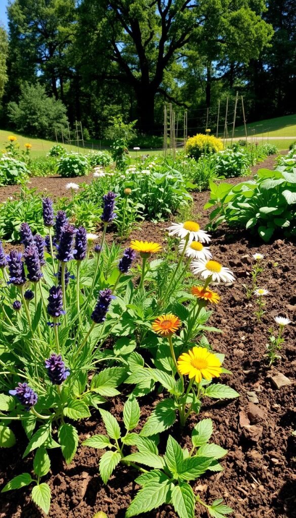 A verdant garden bed, the soil rich and nourished, sunlight filtering through lush foliage. In the foreground, a diverse array of medicinal herbs thrive in harmonious companionship - fragrant lavender, vibrant calendula, and soothing chamomile. Their roots intertwine, creating a symbiotic web that enhances soil health and deters pests. The middle ground reveals a tapestry of interplanted vegetables and herbs, their leaves and blossoms complementing each other's growth. In the background, a gentle slope leads to a backdrop of mature trees, their dappled shade providing a serene and protected environment for the thriving medicinal garden.