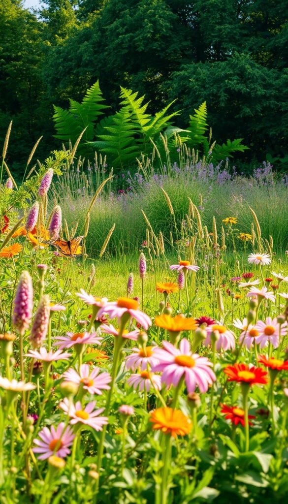 A verdant garden filled with a diverse selection of native plants, each carefully chosen to support local wildlife. In the foreground, a vibrant array of flowering perennials, their petals swaying gently in the soft breeze. In the middle ground, a lush canopy of native trees and shrubs, providing shelter and food for birds, butterflies, and other small creatures. In the background, a harmonious blend of grasses and wildflowers, creating a tapestry of colors and textures that invites pollinators and other beneficial insects. The scene is bathed in warm, natural light, captured through a wide-angle lens that showcases the integrated ecosystem. This image conveys the beauty and ecological importance of selecting native plants to cultivate a thriving, wildlife-friendly garden.