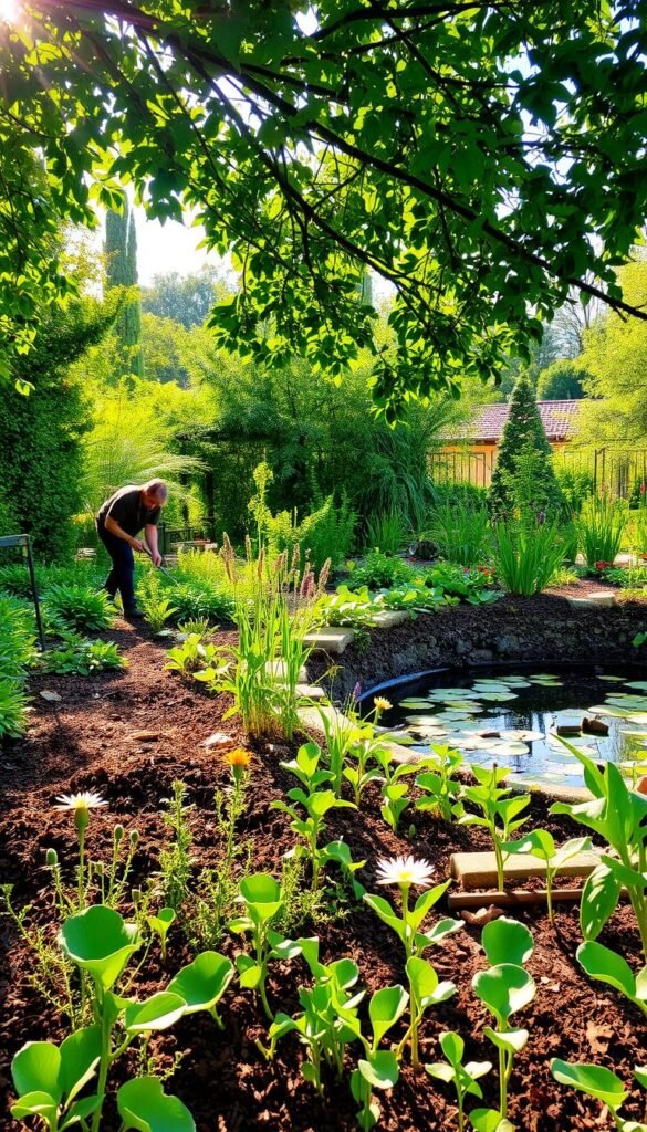 A verdant garden oasis, filled with flourishing native plants and thriving wildlife. In the foreground, a person tenderly tends to the soil, mulching and pruning with care. Sunlight filters through the lush canopy above, casting a warm, natural glow. The middle ground features a variety of pollinator-friendly flowers, their petals swaying gently in a light breeze. In the background, a small pond reflects the serene scene, its surface dotted with lily pads. The overall atmosphere conveys a sense of harmony and sustainability, where human and nature coexist in balance.