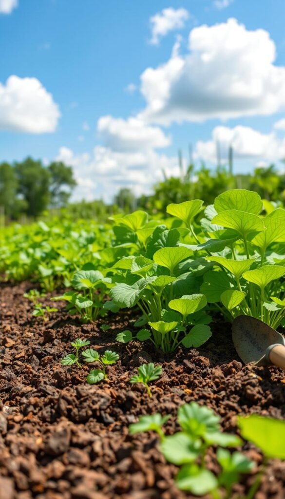 A verdant garden scene, with rich, loamy soil at the foreground. Lush, green plants and vegetables thriving amidst the nutrient-dense earth, their leaves gently swaying in a soft breeze. In the background, a clear blue sky dotted with fluffy white clouds, casting a warm, natural light over the entire landscape. The soil appears dark and crumbly, teeming with organic matter and beneficial microorganisms, indicative of a well-balanced, nourishing environment for the plants to flourish. A shovel and gardening tools lie nearby, suggesting the careful cultivation and maintenance of this thriving ecosystem. The overall composition conveys a sense of harmony and abundance, highlighting the importance of proper soil nutrient management for successful seasonal crop rotation.