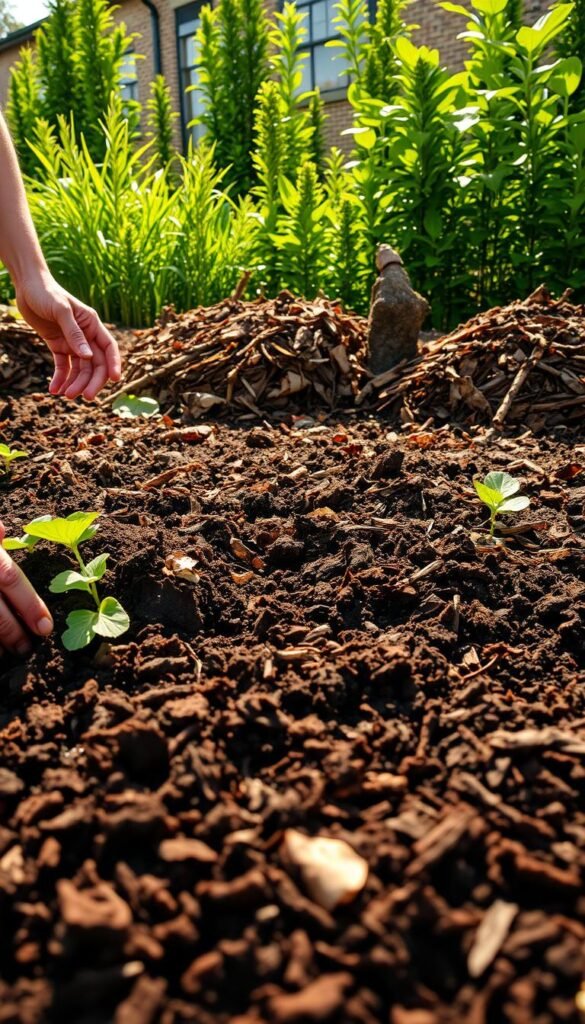 A verdant garden setting with rich, dark soil in the foreground. A gardener's hands delicately mixing compost and other organic matter into the earth, improving soil texture and nutrient content. In the middle ground, neatly arranged piles of mulch, wood chips, and leaves, ready to be spread over the soil to lock in moisture. Lush, drought-resistant plants in the background, their vibrant foliage contrasting with the earthy tones. Warm, natural lighting filters through, casting a gentle glow and highlighting the gardening process. A tranquil, eco-friendly atmosphere exuding sustainability and environmental stewardship.