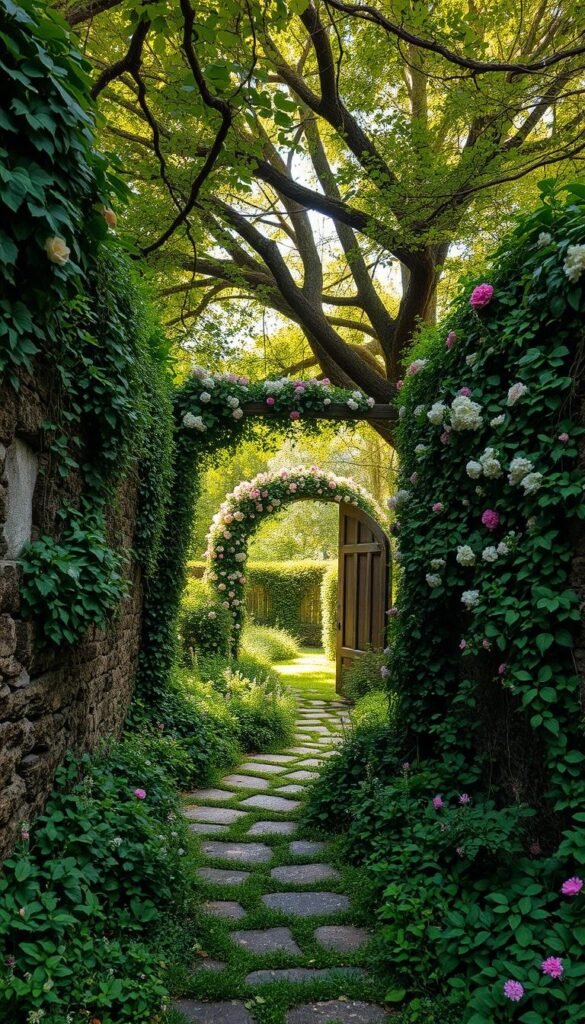 A verdant, overgrown secret garden, hidden behind a crumbling stone wall. Lush, tangled vines and fragrant flowers spill over the edges, creating a sense of enchantment and whimsy. In the foreground, a winding stone path leads through the verdant foliage, inviting the viewer to explore. Overhead, the dappled sunlight filters through a canopy of ancient trees, casting a warm, golden glow. In the distance, a weathered, wooden archway covered in cascading blooms hints at the hidden delights beyond. The atmosphere is one of tranquility and wonder, a magical transformation of the ordinary into the extraordinary.