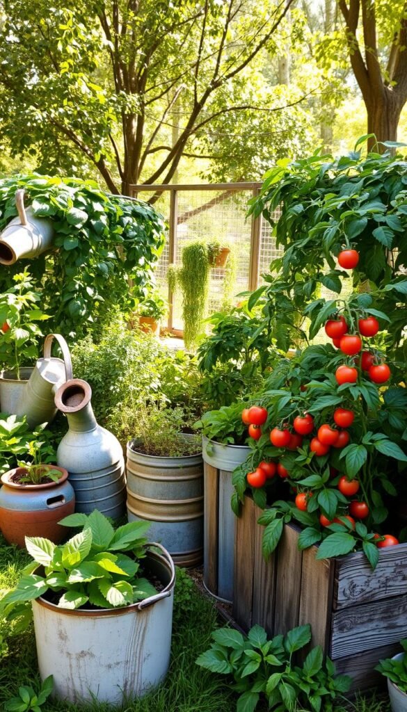 A verdant vegetable garden, its boundaries defined by a whimsical patchwork of repurposed items. Weathered watering cans, their mouths agape, stand sentry amid cascading vines. Worn metal buckets, their once-shiny surfaces now mottled with patina, house thriving herbs and leafy greens. Mismatched ceramic pots, their glazes softened by time, cradle flourishing tomato plants, their ruby-red fruits peeking out. A mosaic of salvaged wood planks, each with its own unique grain and character, form raised beds where carrots, radishes, and leafy lettuces thrive. Dappled sunlight filters through a canopy of trees, casting a warm, natural glow over this vibrant, repurposed oasis.