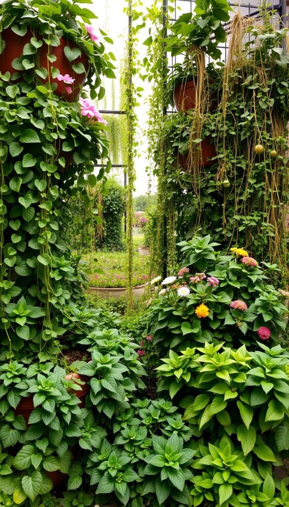 A vertically stacked garden with lush, cascading plants in varying shades of green. The foreground features an array of trailing vines and leafy succulents spilling over the edges of elevated planters. The middle ground showcases a mix of flowering annuals and perennials, their petals reaching towards the sun. In the background, a trellis system supports a variety of climbing vegetables and herbs, creating a layered, three-dimensional effect. Soft, diffused lighting illuminates the scene, casting gentle shadows and highlighting the textures of the diverse foliage. The overall composition conveys a sense of harmony, balance, and the efficient use of vertical space for an urban garden oasis.