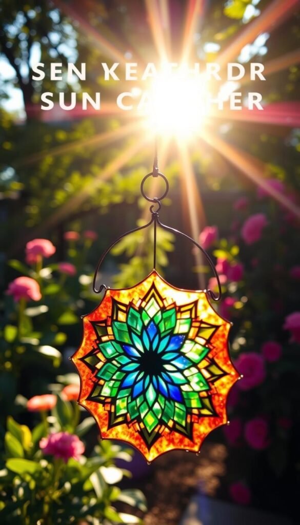 A vibrant DIY backyard sun catcher art piece, capturing the essence of natural beauty. In the foreground, an intricate design of stained glass or translucent resin, casting a kaleidoscope of colors as the sunlight filters through. The middle ground features a delicate metal frame, expertly crafted to hold the sun catcher in place, blending seamlessly with the surrounding greenery. In the background, a lush garden backdrop, with lush foliage and blooming flowers, creating a serene and inviting atmosphere. The lighting is soft and warm, highlighting the sun catcher's ethereal glow and the overall harmonious composition. The angle is slightly elevated, showcasing the sun catcher's captivating display and its integration with the backyard's natural elements.