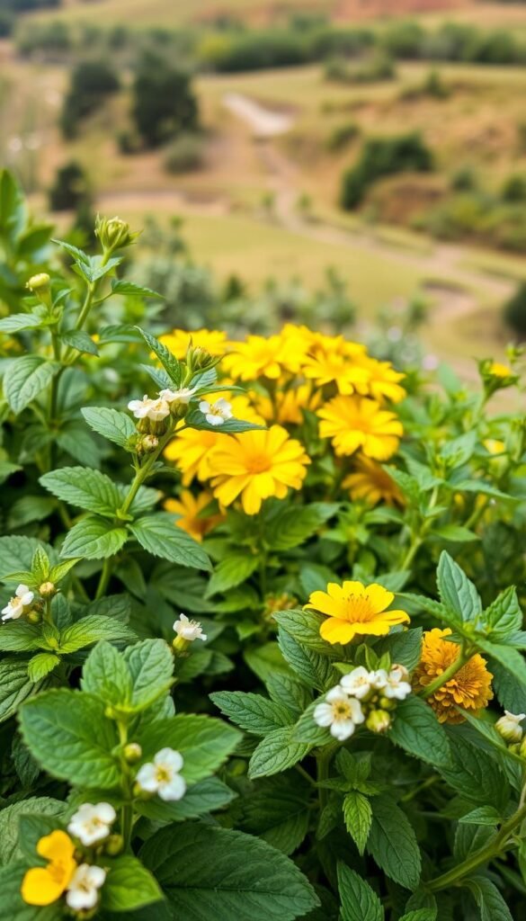A vibrant and detailed composition showcasing the medicinal herbs lemon balm and calendula. In the foreground, lush sprigs of lemon balm with their distinctive serrated leaves and delicate white flowers, their gentle fragrance filling the air. In the middle ground, clusters of bright yellow calendula blooms, their petals radiating warmth. The background features a soft, natural landscape with hints of greenery and a soft, diffused light, creating an inviting, therapeutic atmosphere. Captured with a wide-angle lens, the scene is lit by natural, ambient lighting, highlighting the plants' vibrant colors and textures. An image that embodies the essence of essential medicinal herbs for the garden.