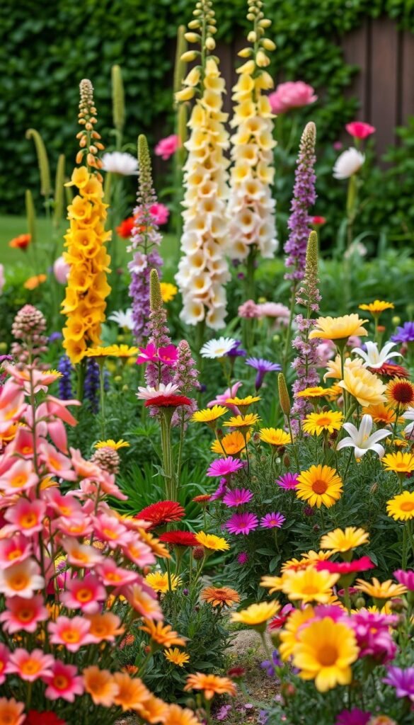 A vibrant and harmonious flower bed design, featuring a lush mix of perennials and annuals in a charming backyard setting. In the foreground, a diverse array of blooms in warm hues of pink, yellow, and purple cascade across the landscape, their petals gently swaying in a soft, natural light. In the middle ground, towering stalks of delphinium and hollyhock add height and structure, complemented by the rounded forms of peonies and lilies. The background is anchored by a verdant border of greenery, with hints of a wooden fence or trellis peeking through, creating a sense of depth and enclosure. The overall composition evokes a sense of tranquility and natural beauty, drawing the viewer into the serene backyard oasis.